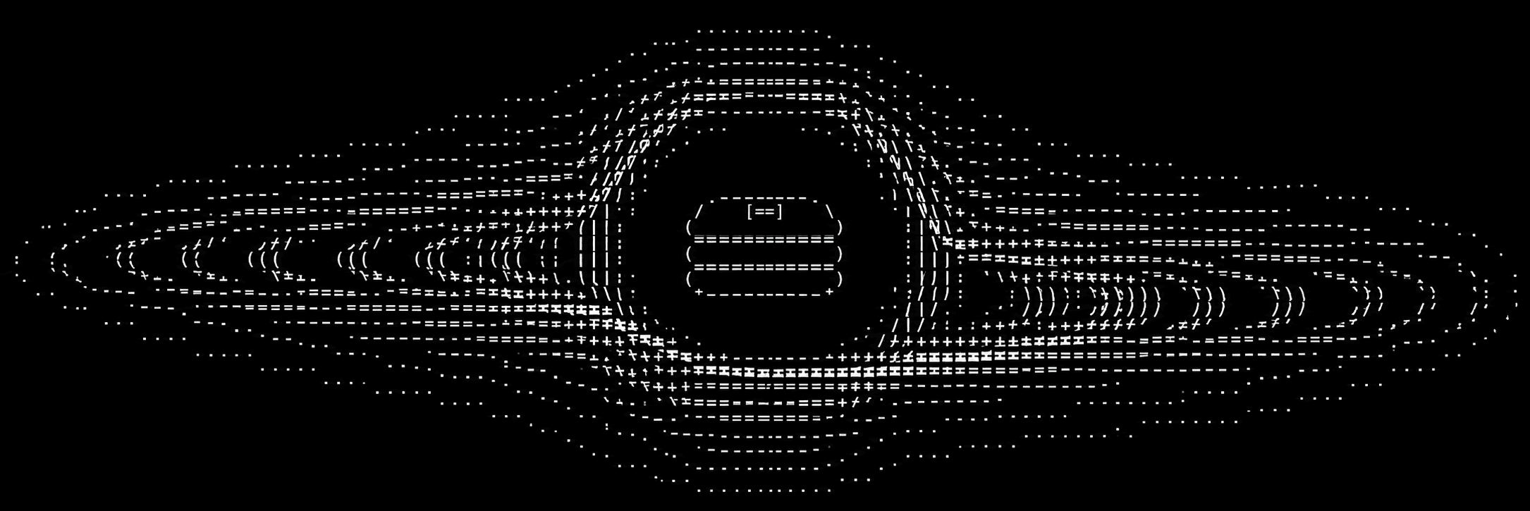 Forkius Maximus, a white ASCII pancake suspended in the center of an ASCII black hole